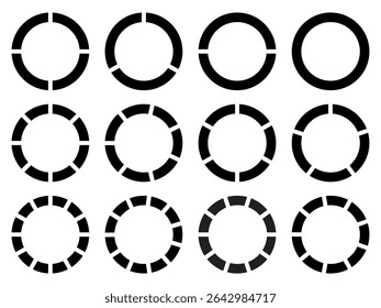 Circle division 1, 2, 3, 4, 5, 6, 7, 8, 9, 10, 11, 12 equal parts blank. Circle divided diagrams, sections, segments. Circle pie chart infographic wheel segment fraction. Infographic icons set vector.