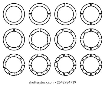 Circle division 1, 2, 3, 4, 5, 6, 7, 8, 9, 10, 11, 12 equal parts blank. Circle divided diagrams, sections, segments. Circle pie chart infographic wheel segment fraction. Infographic icons set vector.