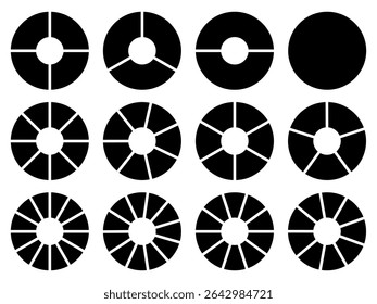 Circle division 1, 2, 3, 4, 5, 6, 7, 8, 9, 10, 11, 12 equal parts blank. Circle divided diagrams, sections, segments. Circle pie chart infographic wheel segment fraction. Infographic icons set vector.