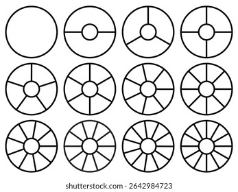 Circle division 1, 2, 3, 4, 5, 6, 7, 8, 9, 10, 11, 12 equal parts blank. Circle divided diagrams, sections, segments. Circle pie chart infographic wheel segment fraction. Infographic icons set vector.