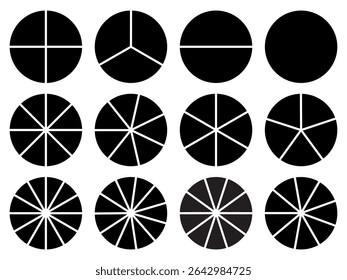 Circle division 1, 2, 3, 4, 5, 6, 7, 8, 9, 10, 11, 12 equal parts blank. Circle divided diagrams, sections, segments. Circle pie chart infographic wheel segment fraction. Infographic icons set vector.