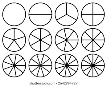 Circle division 1, 2, 3, 4, 5, 6, 7, 8, 9, 10, 11, 12 equal parts blank. Circle divided diagrams, sections, segments. Circle pie chart infographic wheel segment fraction. Infographic icons set vector.