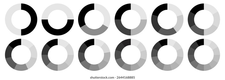 Circle division 1, 2, 3, 4, 5, 6, 7, 8, 9, 10, 11, 12 equal parts blank. Circle divided diagrams, sections, segments. Circle pie chart infographic wheel segment fraction. Infographic icons set vector.