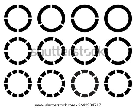 Circle division 1, 2, 3, 4, 5, 6, 7, 8, 9, 10, 11, 12 equal parts blank. Circle divided diagrams, sections, segments. Circle pie chart infographic wheel segment fraction. Infographic icons set vector.