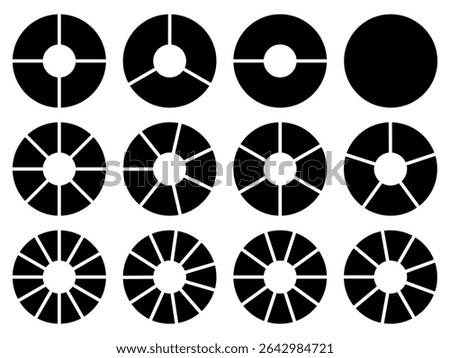 Circle division 1, 2, 3, 4, 5, 6, 7, 8, 9, 10, 11, 12 equal parts blank. Circle divided diagrams, sections, segments. Circle pie chart infographic wheel segment fraction. Infographic icons set vector.