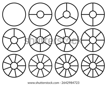 Circle division 1, 2, 3, 4, 5, 6, 7, 8, 9, 10, 11, 12 equal parts blank. Circle divided diagrams, sections, segments. Circle pie chart infographic wheel segment fraction. Infographic icons set vector.