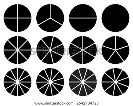 Circle division 1, 2, 3, 4, 5, 6, 7, 8, 9, 10, 11, 12 equal parts blank. Circle divided diagrams, sections, segments. Circle pie chart infographic wheel segment fraction. Infographic icons set vector.