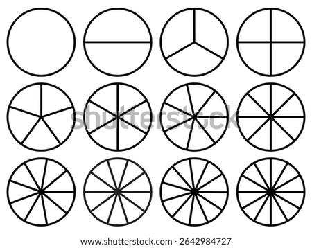 Circle division 1, 2, 3, 4, 5, 6, 7, 8, 9, 10, 11, 12 equal parts blank. Circle divided diagrams, sections, segments. Circle pie chart infographic wheel segment fraction. Infographic icons set vector.
