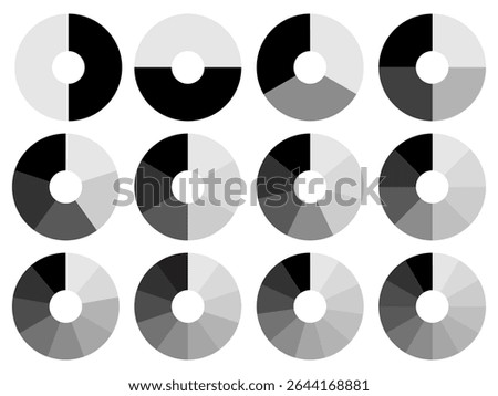 Circle division 1, 2, 3, 4, 5, 6, 7, 8, 9, 10, 11, 12 equal parts blank. Circle divided diagrams, sections, segments. Circle pie chart infographic wheel segment fraction. Infographic icons set vector.