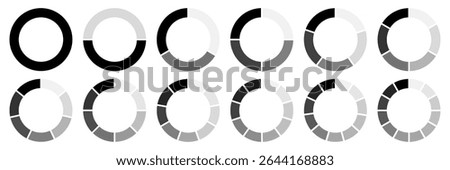 Circle division 1, 2, 3, 4, 5, 6, 7, 8, 9, 10, 11, 12 equal parts blank. Circle divided diagrams, sections, segments. Circle pie chart infographic wheel segment fraction. Infographic icons set vector.