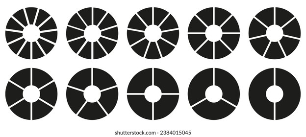 División circular, 2, 3, 4, 5, 6, 7, 8, 9, 10, 11 partes iguales. Coaching en blanco. Diagrama dividido en ruedas, dos, tres, cuatro, cinco, seis, siete, ocho, nueve, diez, once segmentos. Conjunto de infografías. Vector.