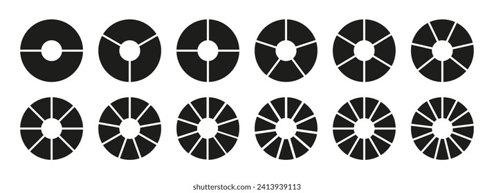 Circle division, 2, 3, 4, 5, 6, 7, 8, 9, 10, 11, 12, 13 equal parts. Wheel divided diagrams, two, three, four, five, six, seven, eight, nine, ten, eleven, twelve, thirteen segments. Infographic set.