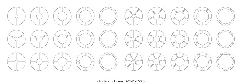 Circle division from 2 to 7 equal parts. Coaching blank. Diagrams with segments. Pie, pizza chart icon. Set of Infographics minimalist. Wheel round divided. Section graph black line art. Donut charts.