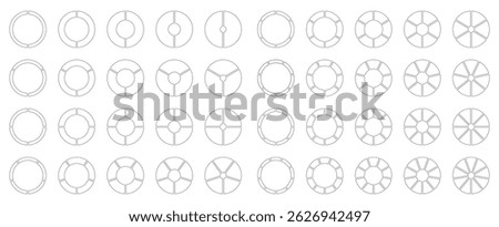 Circle division from 2 to 9 equal parts. Segmented diagrams. Coaching empty blank. Pie, pizza chart icons. Infographics set. Wheel round divided. Section graph black minimalist line art. Donut charts.