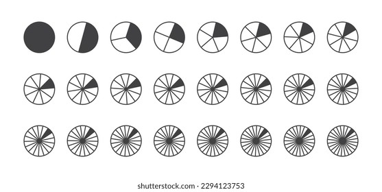 Circle division chart, fraction pie 24 slice vector icon, infographic piece, pizza 24 part. Graphic round illustration