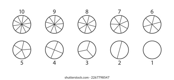 Circle division, fraction pie, 10 slice, chart vector line icon, infographic piece, pizza ten part. Graphic round illustration