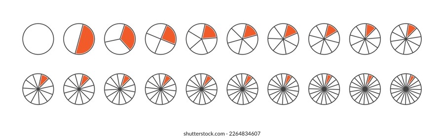 Circle division, fraction pie, 24 slice, chart vector icon, infographic piece, pizza 24 part. Editable stroke. Graphic round illustration