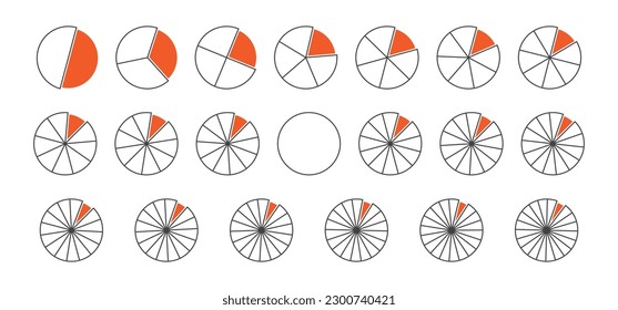 Circle division, fraction pie, 24 slice, chart vector icon, infographic piece, pizza 24 part. Graphic round simple illustration