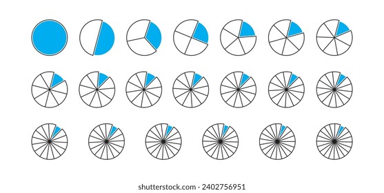 Circle division, fraction pie, 24 slice, chart vector icon, infographic piece, pizza 24 part. Graphic round simple illustration