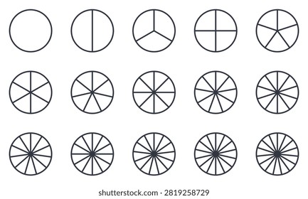 Circle division icon set. Circular outlines divided into 1 to 15 equal parts for pie charts, fractions, diagrams, infographics and mathematical illustrations. Editable stroke vector elements.