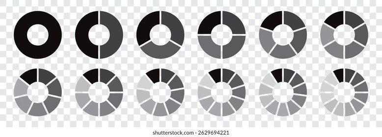 Circle division infographic icon. Pie chart divided six, seven and eight equal parts. 6, 7, 8 sectors icon. Color infographic flower round diagram. Vector illustration isolated on white background. 
