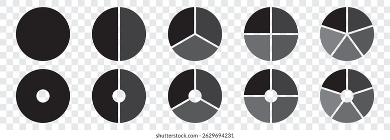 Infografik-Symbol für die Kreisteilung. Das Tortendiagramm unterteilt sechs, sieben und acht gleiche Teile. Symbol für 6, 7, 8 Sektoren. Farbinfographisches Blumen-Runddiagramm. Vektorgrafik einzeln auf weißem Hintergrund. 