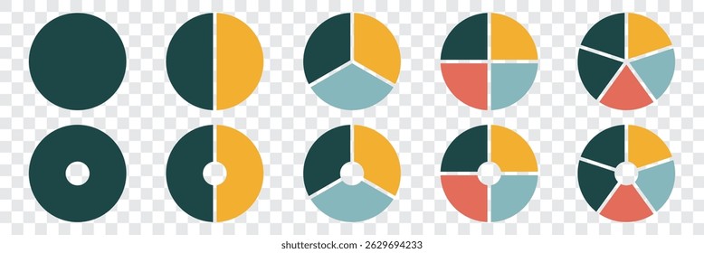Circle division infographic icon. Pie chart divided six, seven and eight equal parts. 6, 7, 8 sectors icon. Color infographic flower round diagram. Vector illustration isolated on white background. 