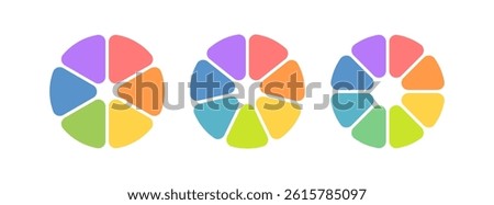 Circle division infographic icon. Pie chart divided six, seven and eight equal parts. 6, 7, 8 sectors icon. Color infographic flower round diagram. Vector illustration isolated on white background.