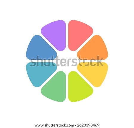 Circle division infographic icon. Pie chart divided eight equal parts. 8 sectors with rounded corners icon. Color infographic flower round diagram. Vector illustration isolated on white background.