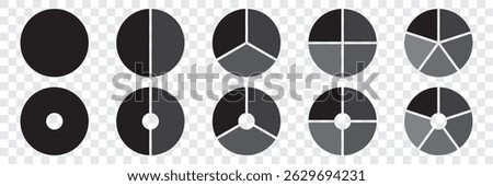 Circle division infographic icon. Pie chart divided six, seven and eight equal parts. 6, 7, 8 sectors icon. Color infographic flower round diagram. Vector illustration isolated on white background. 