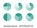 Circle division infographic icon set. Pie chart divided 2, 3, 4, 8, 12 equal parts. Infographic wheel segment and fraction. Vector illustration isolated on white background.