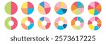 Circle division infographic icon set. Pie chart divided 4,5,6 equal parts. Color pizza or donut round diagram. Infographic wheel segment and fraction. Vector illustration isolated on white background.