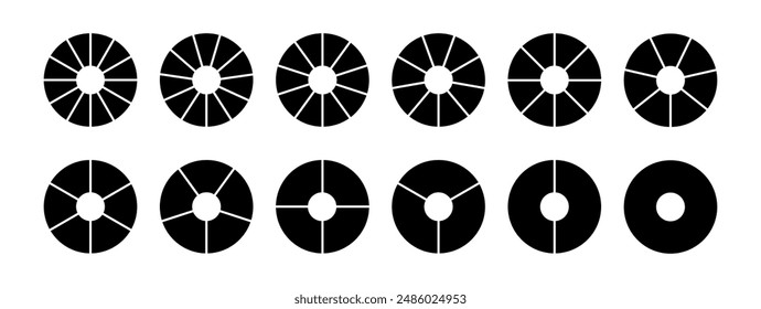 Conjunto de iconos de infografía de división circular. Gráfico circular dividido 8,9,10 partes iguales. Diagrama redondo de pizza o donut. Infografía de la fracción de rueda circular. Ilustración vectorial aislada sobre fondo blanco.