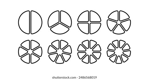 Circle division infographic icon set. Pie chart divided 7,8,9 equal parts. Outline ring donut round diagram. Infographic circular wheel fraction. Vector illustration isolated on white background.