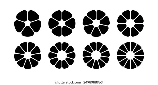 Circle division infographic icon set. Pie chart divided 8,9,10 equal parts. Pizza or flower round diagram. Infographic wheel segment and fraction. Vector illustration isolated on white background.