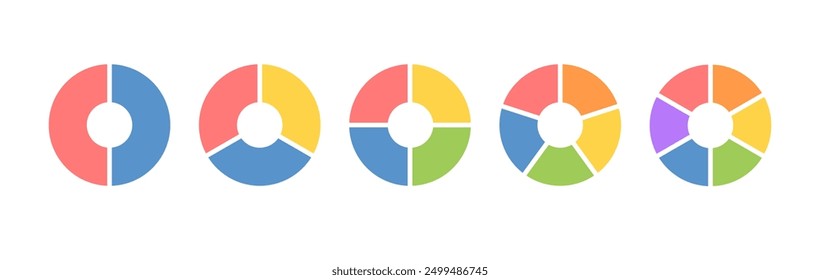 Circle division infographic icon set. Pie chart divided 4,5,6 equal parts. Color ring or donut round diagram. Infographic wheel segment and fraction. Vector illustration isolated on white background.