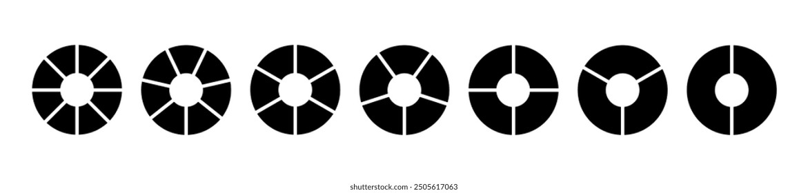Circle division infographic icon set. Pie chart divided 6,7,8 equal parts. Ring or donut round diagram. Infographic wheel segment and fraction. Vector illustration isolated on white background.