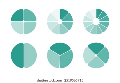 Conjunto de iconos de infografía de división de círculo. Gráfico circular dividido 2, 3, 4, 8, 12 partes iguales. Infografía del segmento y fracción de la rueda. Ilustración vectorial aislada sobre fondo blanco.