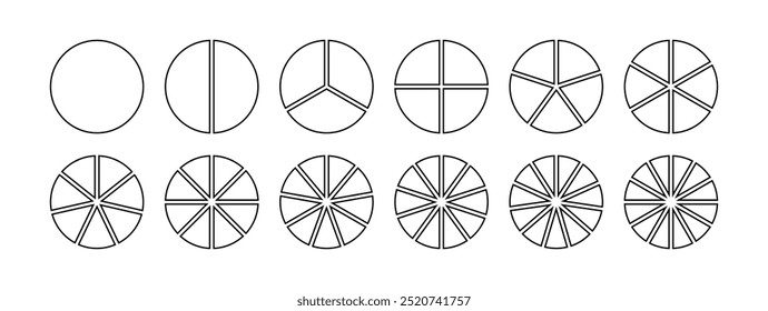 Infografik-Symbolsatz für die Kreisteilung. Tortendiagramm geteilt 8,9,10 gleiche Teile. Pizza oder Donut-Runddiagramm. Infografisches Radsegment. Umrissbruch. Vektorgrafik einzeln auf weißem Hintergrund.