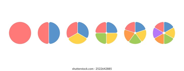 Circle division infographic icon set. Pie chart divided 2,3,4,5,6 equal parts. Color pizza or donut round diagram. Infographic wheel segment and fraction. Vector illustration isolated on white backgro