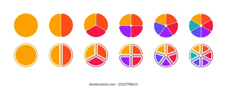 Conjunto de iconos de infografía de división de círculo. Gráfico circular dividido 2,3,4,5,6 partes iguales. Diagrama redondo de la pizza o de la rosquilla del color. Infografía del segmento y fracción de la rueda.