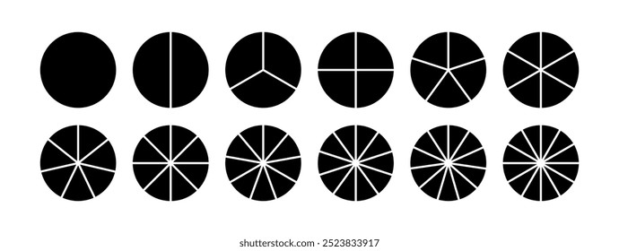 Circle division infographic icon set. Pie chart divided 8,9,10 equal parts. Pizza or donut round diagram. Infographic wheel segment and fraction. Vector illustration isolated on white background.