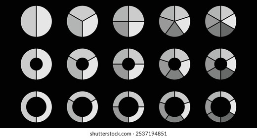 Circle division infographic icon set. Pie chart divided 7,8,9 equal parts. Outline ring donut round diagram. Infographic circular wheel fraction. Vector illustration isolated on white background.