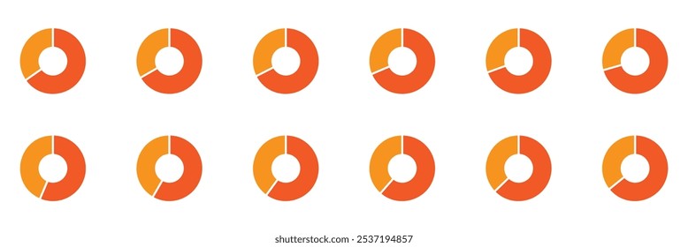 Conjunto de ícones infográficos de divisão de círculo. O gráfico de pizza dividiu 7,8,9 partes iguais. Diagrama redondo de rosca de contorno. Fração infográfica circular das rodas. Ilustração vetorial isolada sobre fundo branco.