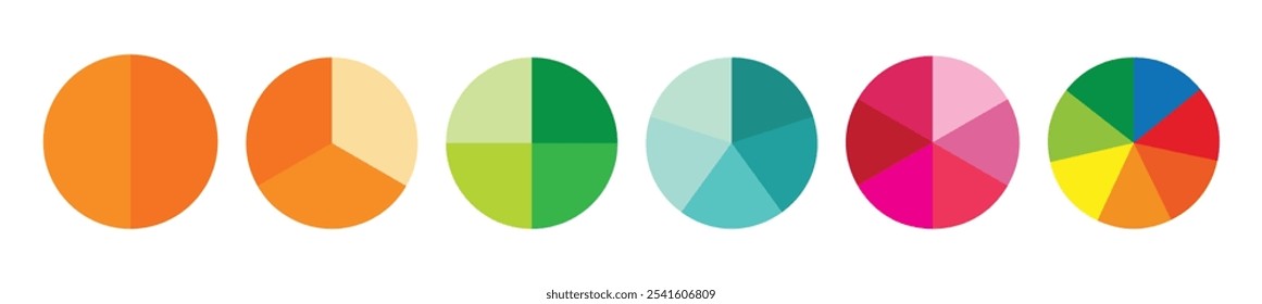 Conjunto de iconos de infografía de división de círculo. Gráfico circular dividido 4,5,6 partes iguales. Diagrama redondo de la pizza o de la rosquilla del color. Infografía del segmento y fracción de la rueda. Ilustración vectorial aislada sobre fondo blanco.