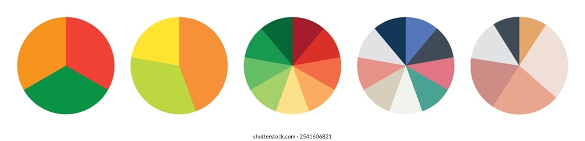 Conjunto de iconos de infografía de división de círculo. Gráfico circular dividido 4,5,6 partes iguales. Diagrama redondo de la pizza o de la rosquilla del color. Infografía del segmento y fracción de la rueda. Ilustración vectorial aislada sobre fondo blanco.