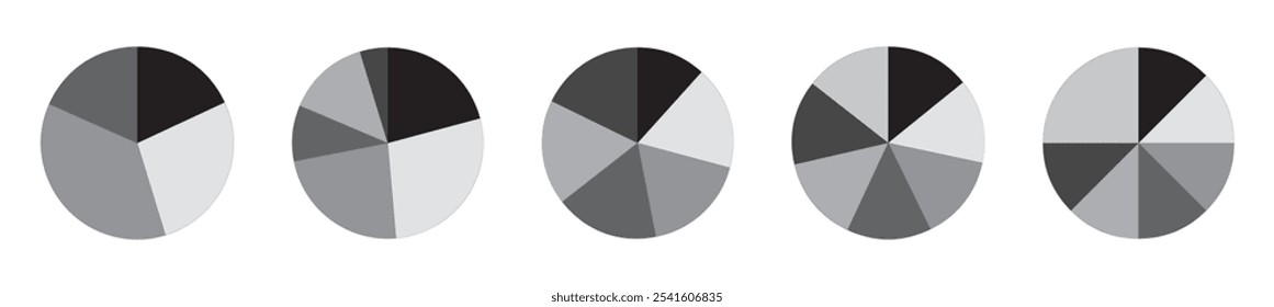 Conjunto de iconos de infografía de división de círculo. Gráfico circular dividido 4,5,6 partes iguales. Diagrama redondo de la pizza o de la rosquilla del color. Infografía del segmento y fracción de la rueda. Ilustración vectorial aislada sobre fondo blanco.