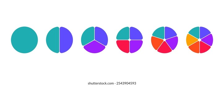 Conjunto de iconos de infografía de división de círculo. Gráfico circular dividido 2,3,4,5,6 partes iguales. Diagrama redondo de la pizza o de la rosquilla del color. Infografía del segmento y fracción de la rueda. Ilustración vectorial aislada en backgro blanco