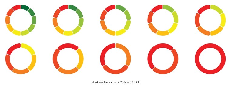 Circle division infographic icon set. Pie chart divided 2, 3, 4,5,6, 7, 8, 9, 10 equal parts. Color pizza or donut round diagram. Vector illustration. Infographic wheel segment and fraction