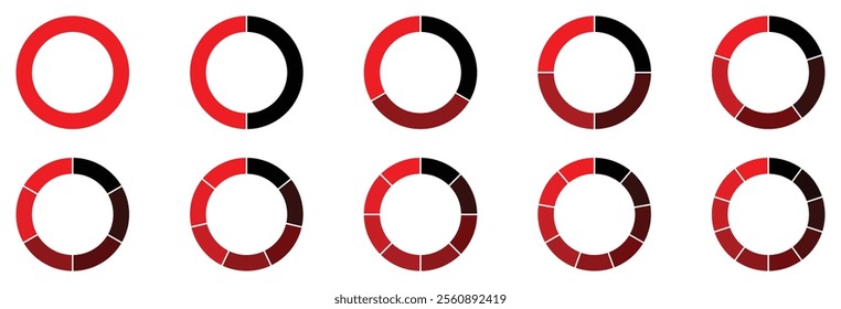 Circle division infographic icon set. Pie chart divided 4,5,6 equal parts. Color pizza or donut round diagram. Vector illustration isolated on white background. Infographic wheel segment and fraction.